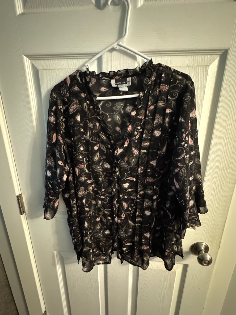 Maggie Barnes Black Paisley Ruffle-Front Tunic